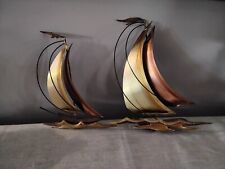 Vintage Mid-Century Modern Brass, Copper and Wood Sailboat Wall Hangings (2) picture