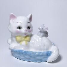 VINTAGE NAPCOWARE White Cat & Mouse in Blue Basket Bone China Kitschy Figurine picture