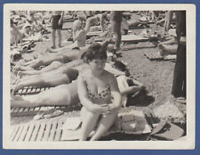 Girl in swimsuit on the beach, guys in trunks, Soviet Vintage Photo USSR picture
