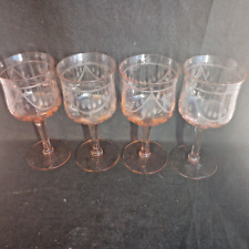 4 Pink Antique Etched Wine Glasses Goblets Vertical Line Leaf Swag 10oz EUC picture
