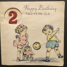 Vintage Birthday Greeting Card Adorable Boy Girl Baby Doll Buggy Balloon Happy 2 picture