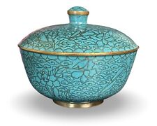 Antique Chinese Cloisonné Lidded Bowl Turquoise Late Qing/Republic 20thC 4.25”W picture