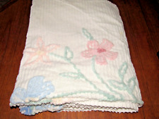 Vintage Chenille Bedspread White Pink Blue Flowers Full 96x85 Repurpose picture