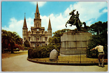 New Orleans LA-Louisiana, St. Louis Cathedral, Andrew Jackson Statue, Postcard picture