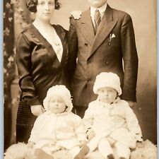 c1930s Lovely Young Family Portrait RPPC Cute Boys Winter Hats Real Photo A193 picture