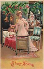 Merry Christmas Santa Claus White Suit Girl and Mother 1907 Postcard picture