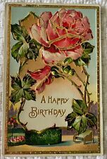 Vintage Birthday Greetings postcard Pink Roses heavy gold gilt inlay picture