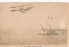 Postcard 1919 Farman's Cross River Flight showing bi-plane aeroplane over ship picture