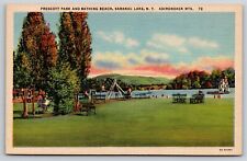 Saranac Lake NY~Prescott Park & Beach Adirondack Mts~Vintage Linen Postcard picture