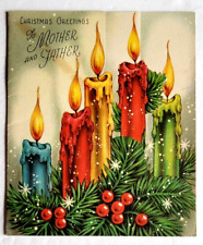 Beautiful Vintage Candles Glitter Greenery Berries Die Cut 1950s Christmas Card picture