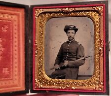 Ambrotype 1/6th Plate Civil War Union Lt. armed w/ sword cool hat picture