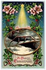 1911 Christmas Star Bridge Winter Snow Pink Flowers Holly Berries Postcard picture