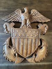 United States Navy Eagle Crest Anchor Carved Solid Wood Wall Plaque Decor 18x16” picture