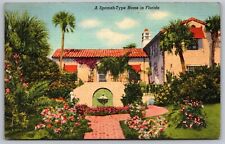 Spanish Type Home Florida Tropical Flower Garden Palms Linen WOB PM Postcard picture