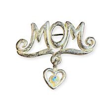 Vintage Silver Tone Mom Word Dangle Rhinestone Love Heart Brooch Mothers Day picture