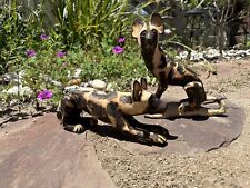 Zimbabwean Wood Carving African Wild Dog Painted Dog Wildlife Art Two Carvings picture