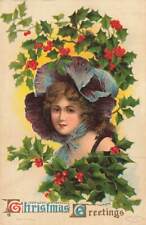 c1910 Woman Portrait Wearing Bonnet Embossed Christmas  P160 picture