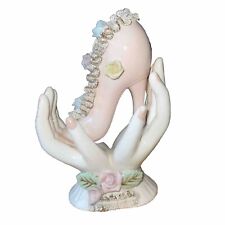 Porcelain Hands Holding   Victorian Shoe Pink Lacey Japan 6.5” X 4.5” Figurine picture