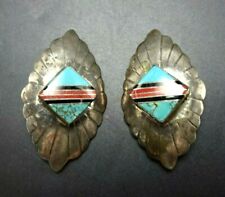 Vintage NAVAJO Sterling Silver TURQUOISE CORAL Channel Inlay Clip-On EARRINGS picture