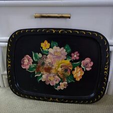 Vintage  15 X 21 Metal Floral Hand Painted Toleware Tray Black Multicolor picture