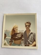 VINTAGE YOUNG COUPLE ON A BOAT COLOR PHOTOGRAPH 3.5X3.5 1960S picture