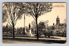 Muskegon MI-Michigan, Statue in Hackley Park, Antique Vintage Souvenir Postcard picture