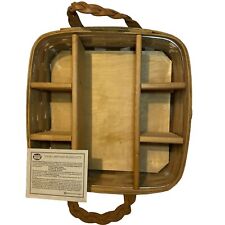 Peterboro Square Woven Basket 7 Wood Divider Braided Leather Handles 14 x 14 x 4 picture