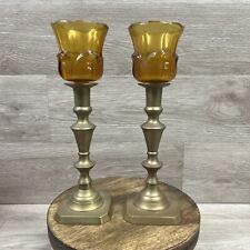 Vintage Solid Brass Homco Candle Holder Pair Amber Glass Top Tall MCM EUC 10” picture