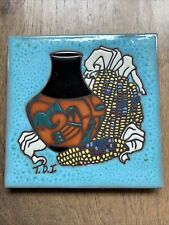 1990’s Cleo Teissedre SIGNED VTG Native American w/Pots And Corn Folk Art Tile picture