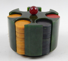 Green Catalin Bakelite Poker Chip Caddy Holder w/ Swivel Base & Chips 1285g RARE picture