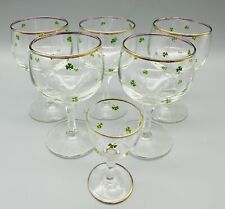 Six Vintage Stemmed  Irish Liqueur Shamrock Gold Rim Glasses Small Wine Glass picture