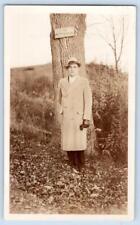 1930's NO TRESPASSING SIGN MAN IN FRONT OF TREE SNAPSHOT PHOTOGRAPH VINTAGE picture