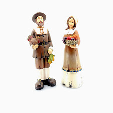 Vintage Wood-look Resin Thanksgiving Harvest Pilgrim Figurine Man & Woman Couple picture