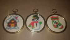 3 Finished Vintage Cross-Stitch Ornaments Complete / Framed Christmas Small picture
