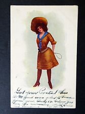 Antique 1907-18 Post Card COWGIRL WITH HAT HOLDING WHIP Posted 1908 picture