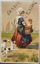 Easter Greetings, Lady & Puppies, 1909 Vintage Holiday Greeting Postcard picture