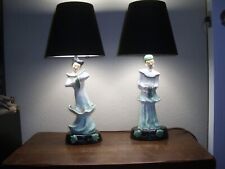 Vintage Mid Century Oriental Asian Chalkware Woman and Man Lamps and Shades picture