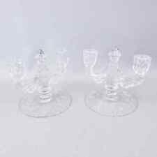 Vintage Pair of Etched Flower Clear Glass Double Candlesticks Candle Holders picture