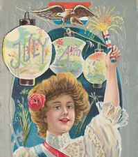 4th of July Victorian Lady Lanterns Fireworks Silver Metallic Embossed Postcard picture