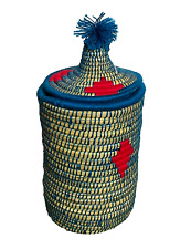 NEW Moroccan Berber Bread Basket Straw Reed Blue Red Hand Woven Lidded LARGE picture