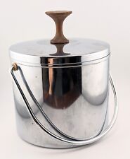 Vintage MCM Chrome Steel Teak Milk Glass Covered Ice Bucket With Handle picture