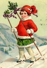 Early 1900s Slovak Christmas Postcard Little Girl Skiing picture