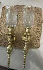 Vintage Pair of Large Brass Candle Sconces w Swirl Pattern w Globes 16” India picture