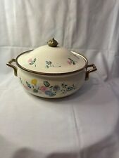 vintage enamel 11 inch cooking pan with lid, flower pattern, brass trim picture