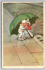 Vintage C1933 Postcard Artist Drawn Pierrot Children Under Umbrella picture