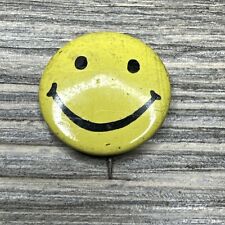 Vintage Round Button Pin Yellow Black Smiley Face 0.75”  picture