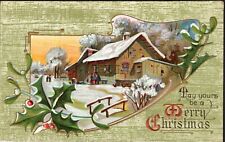 Postcard c1910 May Yours Be a A Merry Christmas Country Scene Snow Holly picture