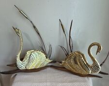 Vintage Brass Swan Cattail Wall Hanging Pair Wood Metal MCM Set of 2 1960s Decor picture
