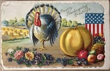 Antique Thanksgiving Patriotic Turkey Pumpkin Greetings Embossed Postcard c1910 picture