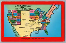 Texan's Map of the United States Texas Map Card Lone Star State Postcard picture